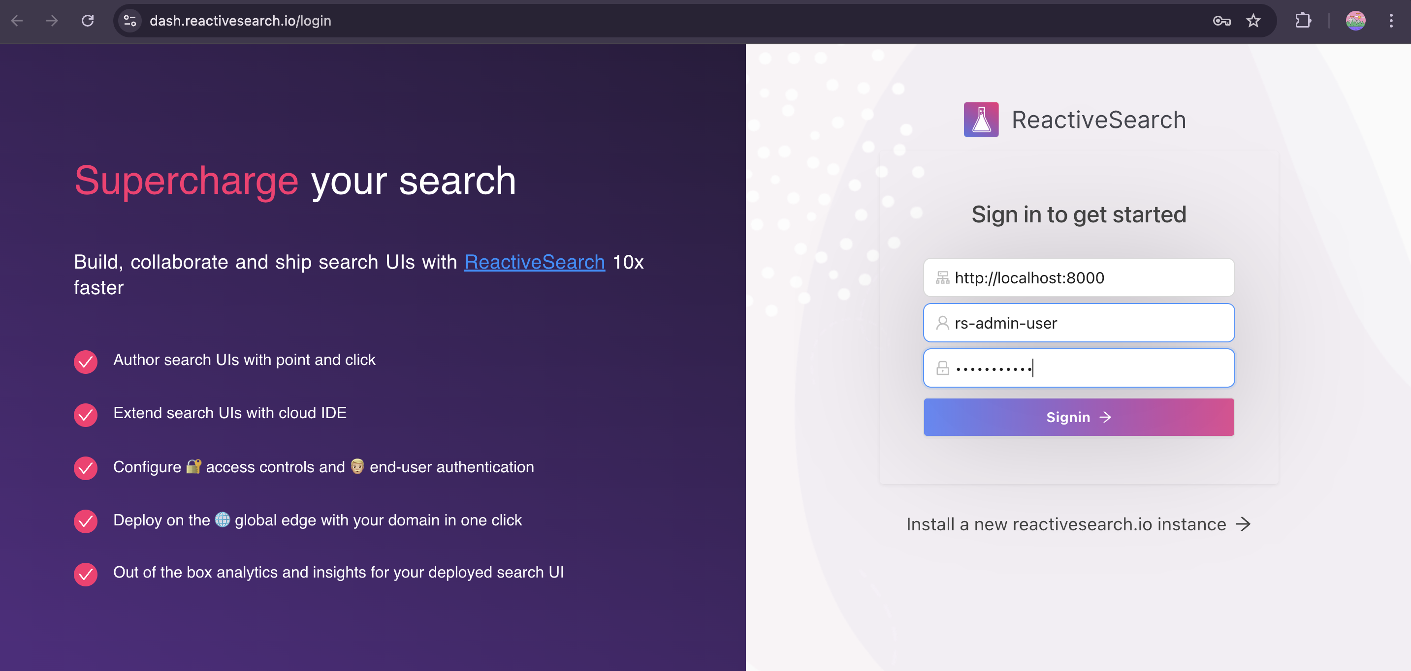ReactiveSearch Dashboard — Sign in with your URL, username and password